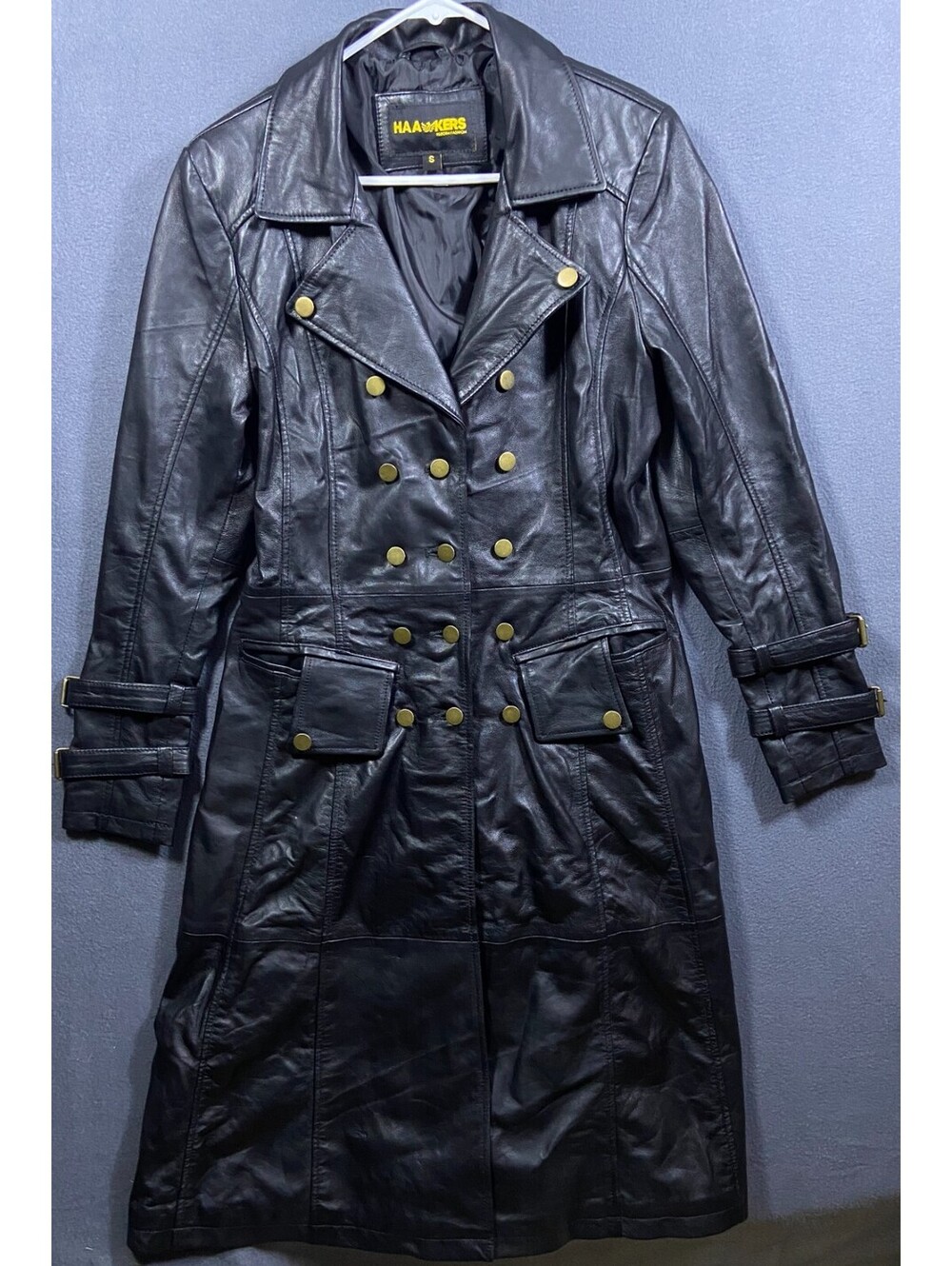 Very Rare! Haawkers Black Leather S Womens Long Double Breasted Jacket Lace Back